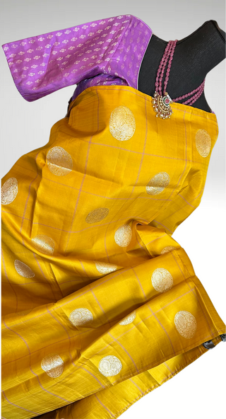 Yellow Lavender pure handwoven kanchi pattu saree with blouse