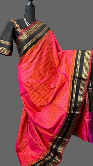Pink  Gadwal handwoven silk saree with embroidered stitched blouse