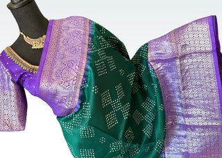 Pure Green Chinya silk Bandhej Silk Saree pure saree silk finish with stitched blouse Partywear pooja wear ready to ship Saree USA