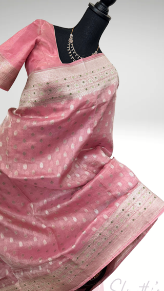 Banaras Pure Mauve Pink Tissue Silk Saree with silver  Zari Border – Ready to Wear Online USA
