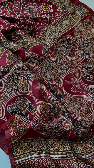 Maroon Pure Gajji silk saree ajarakh prints bandini Gajji silk with blouse with Jewel Borders