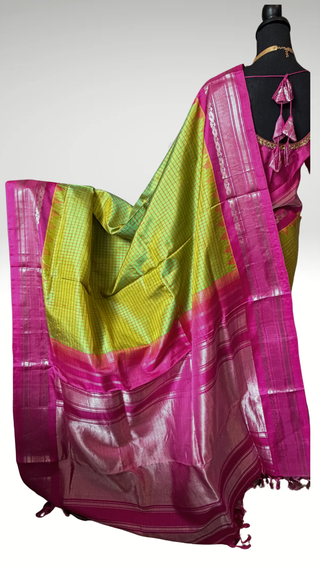 Pure Handloom silk Green to pink  butta Gadwal silk saree with stitched blouse embroidered blouse