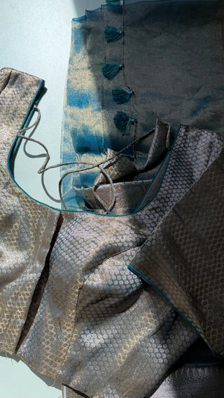 Pure Tissue Beneras pastel Ice Blue checks handwoven pure silk saree stitched blouse saree readymade online USA