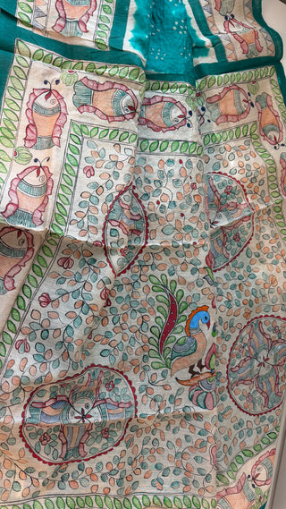 Tussar silk bandhej saree with hand painted madhubani pallu silk blouses