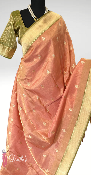 Banaras Pure Tissue Silk Saree in Peach and Olive Green with Gold Zari Border – Ready to Wear Online USA