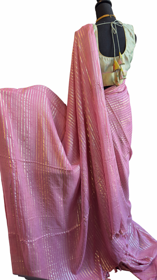 Pink Georgette saree with gold foil woven saree partywear with sleeess zari kota blouse online