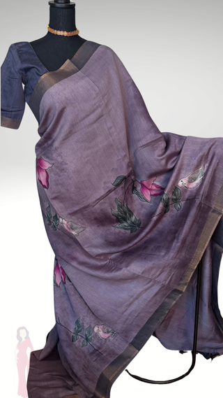 Tussar Silk handloom printed floral lavender violet Saree – Pure Silk Easy Drape Partywear & Indian Pooja Wear with Stitched Blouse | Online USA