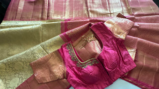 Beige Gold Pink Brocade Pure silk pattumuhurtam saree pure zari Kanjivaram silk saree with prestitched blouse embroidered blouse
