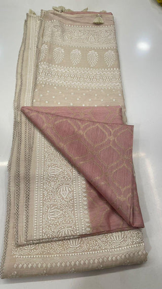 Handwoven mauve pastel Tussar Embroidery borders and pallu Partywear elegant beauty  one of kind Onam  tussar silk saree  online and prestitched blouse