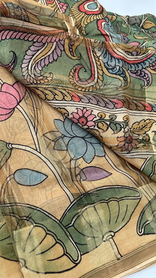 Handpainted saree Indian Pen Kalamkari saree online usa with stitched blouse Partywear saree