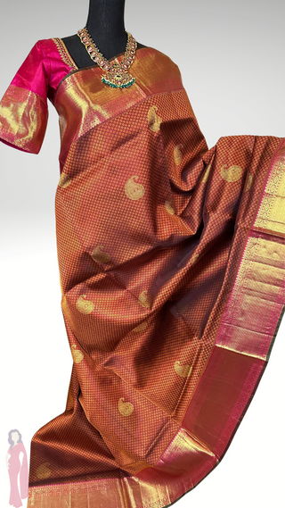 Pure Kanjivaram Handloom Brocade Light Amber silk saree pure zari  Muhurtam Wedding Saree with ready to wear ship Blouse Online USA