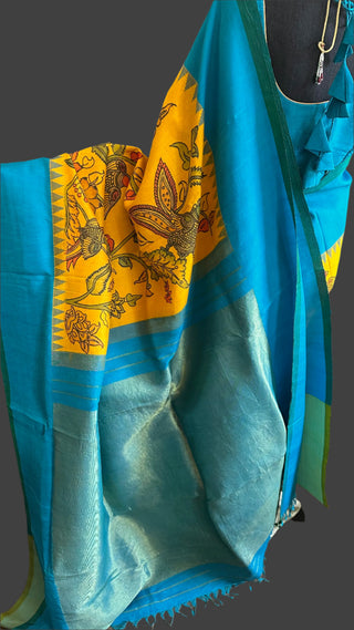 Pen Kalamkari Kanchi pattu yellow saree with gold pallu easy drape pure silk saree usa