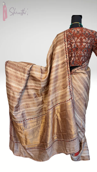 Tussar handloom silk with cut work kalamkari embroidered border saree online shopping with prestitched blouse