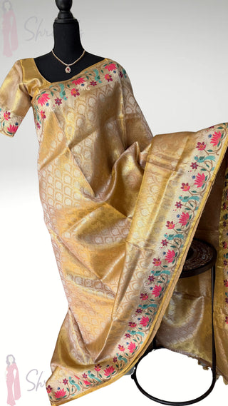 Handloom  Kora Kanjivaram Gold tissue saree  Embroidered borders pallu online shopping with prestitched blouse usa