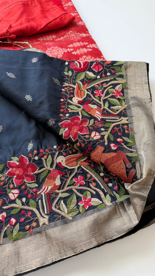 Black soft silk petite point Embroidery work saree kanjivaram with stitched blouse saree border