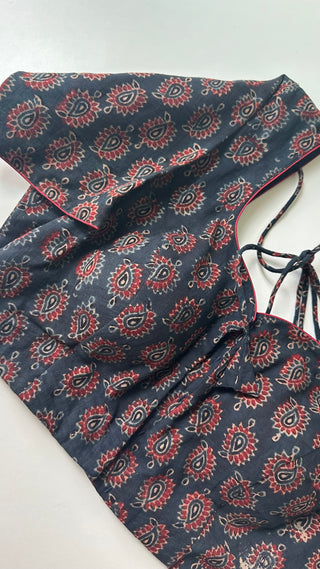Ajarkh cotton blouses ready to wear blue cotton kalamkari printed hand block print blouses online ready to wear stitched blouses readymade online usa pure cotton kalamkari block print blouse