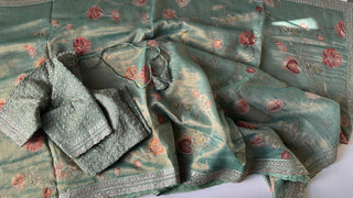 Tissue Green Organza soft weave printed embroidered silk embroidered with stitched blouse