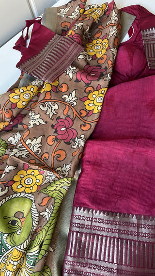 Maroon  Pure Mangalagiri Silk Cotton Lehenga hand painted kalamkari blouse with Dupatta
