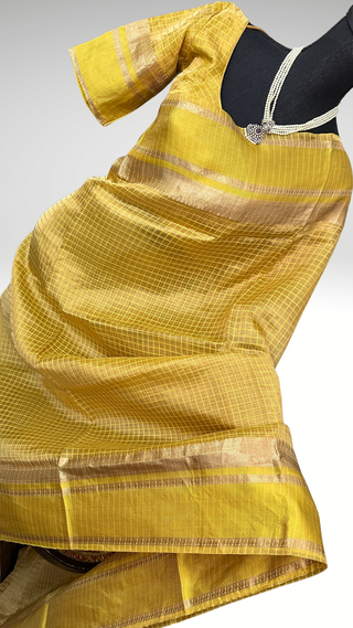 Pure Tissue Beneras yellow checks handwoven pure silk saree stitched blouse saree readymade online USA