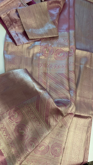 Pure Silver zari Tissue Kanchi Pattu saree with stitched blouse online shopping usa pastel silver zari kanjivaram