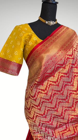 Red Benerasi Handloom silk saree Katan silk saree bandhej pallu Partywear Diwali online shopping with prestitched blouse