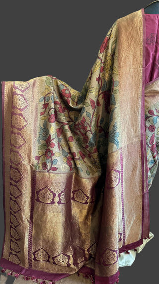 Pen Kalamkari Kanchi Pattu saree with zari  gold pure silk saree usa