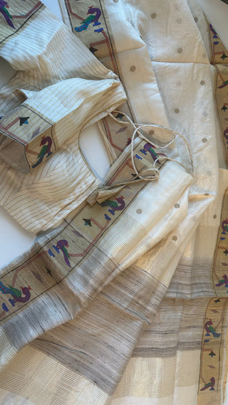 Cream Tussar pure silk paithani inspired thread border pallu online