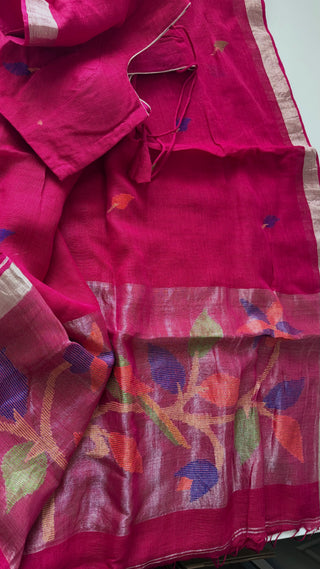 Handloom pure linen saree with Jamdhani  blouse pallu ready to wear blouse ships from Dallas partywear easy drape summer weaves