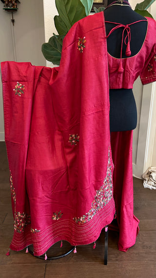 Pink knot embroidered  tussar saree online usa with stitched blouse