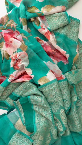 Floral sarees pastel partywear saree  teal Georgette beneras silk zari borders saree stitched blouse