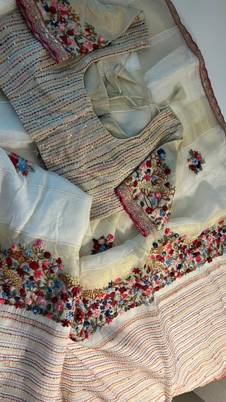Pure Organza white Party wear handloom handwoven pure Embroidery  silk saree stitched blouse saree readymade online USA