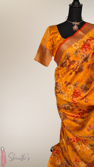 Printed Floral chinya orange  silk sarees with stitched blouse