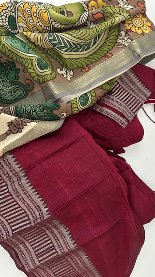 Maroon  Pure Mangalagiri Silk Cotton Lehenga hand painted kalamkari blouse with Dupatta