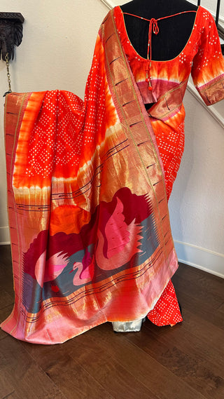 Orange Bandhani  Paithani silk saree online usa paithani sarees usa comes with stitched blouse