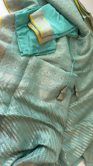 Handloom Pastel’s Georgette Brocade Beneras silk saree with stitched blouse  online shopping Partywear