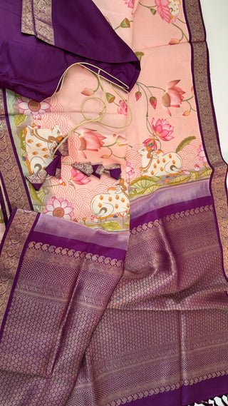 Pure Pichwai kanchi pattu print silk saree with kanchi gold zari  borders and pallu with embroidered blouse online shopping usa pure fusion silk saree usa