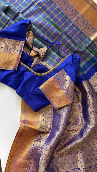 Traditional ayiram butta kanchi pattu saree Brocade pure kanchi BRIDAL peacock blue double color mayil kanchi pattu saree online usa