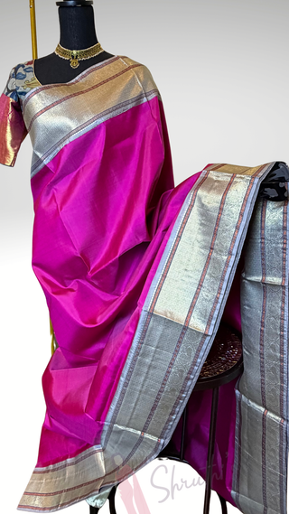 One saree two look’s Handloom Pink kanjivaram silk saree with kalamkari blouse two  stitched blouse  Indian wedding muhurtam silk bridal blouse online shopping usa Diwali