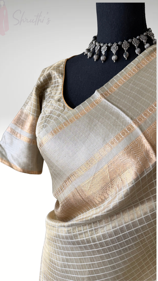 Pure Tissue Beneras Beige Gold checks handwoven pure silk saree stitched blouse saree readymade online USA