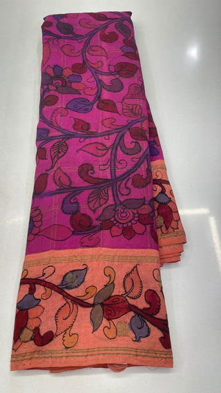 Pen kalamkari silk saree with silk borders and pallu with embroidered blouse online shopping usa pure fusion silk saree usa