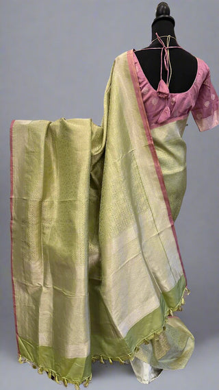 Green silver  Benerasi silk saree with stitched  blouse online shopping usa