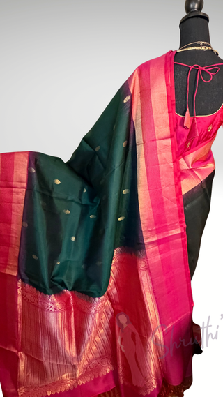 Pure Soft Silk Saree Bottle green with pink  silk saree with embroidered  Stitched Blouse Indian handloom wedding pattu Saree Online USA Ready to Ship Saree Online USA Easy Drape