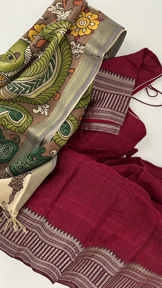 Maroon  Pure Mangalagiri Silk Cotton Lehenga hand painted kalamkari blouse with Dupatta