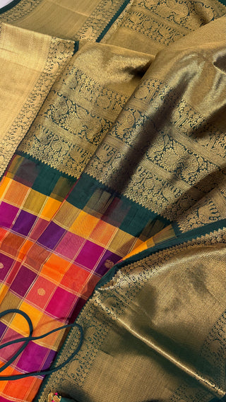 Finest check kanchi pattu saree pure Gold zari  pallum palzhamum kanchi pattu saree fine weave kanchi pattu bridal pure zari stitched blouse usa online