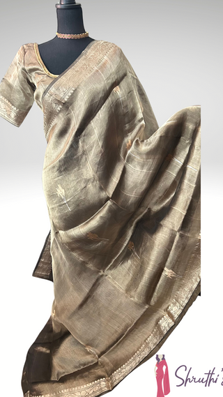 Greyish brown pure double tissue Beneras silk saree with stitched blouse USA 