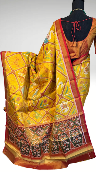 Tissue silk patola silk saree with  silk finish pallu with prestitched blouse