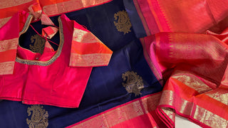Dark blue handwoven pure zari kanchi pattu saree online usa