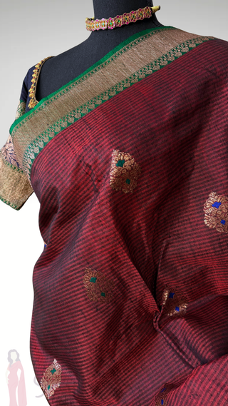 Pure Handloom Maroon Tussar Beneras Katan saree with prestitched blouse