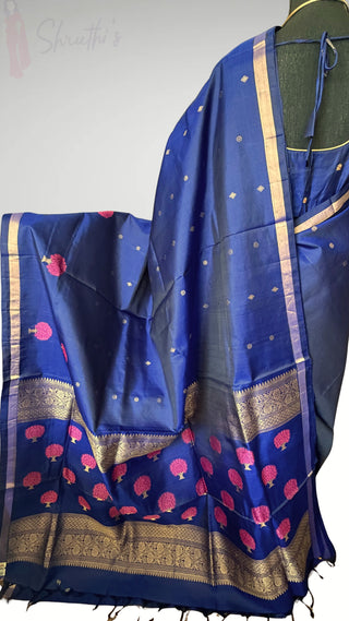 Pure Handloom Soft Silk Saree dark blue silk saree with embroidered  Stitched Blouse Indian handloom wedding pattu Saree Online USA Ready to Ship Saree Online USA Easy Drape