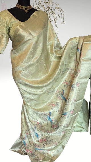 Brocade pastel green handloom  printed weave silver zari pure silk one of a kind easy drape saree